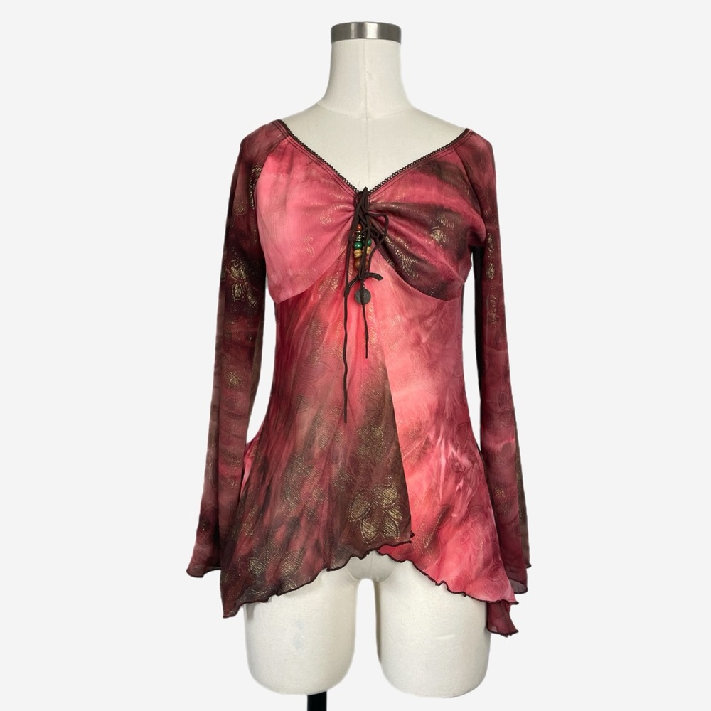 Vintage Y2K Tovia red ombre sheer gold floral beaded blouse boho fairy witchy S